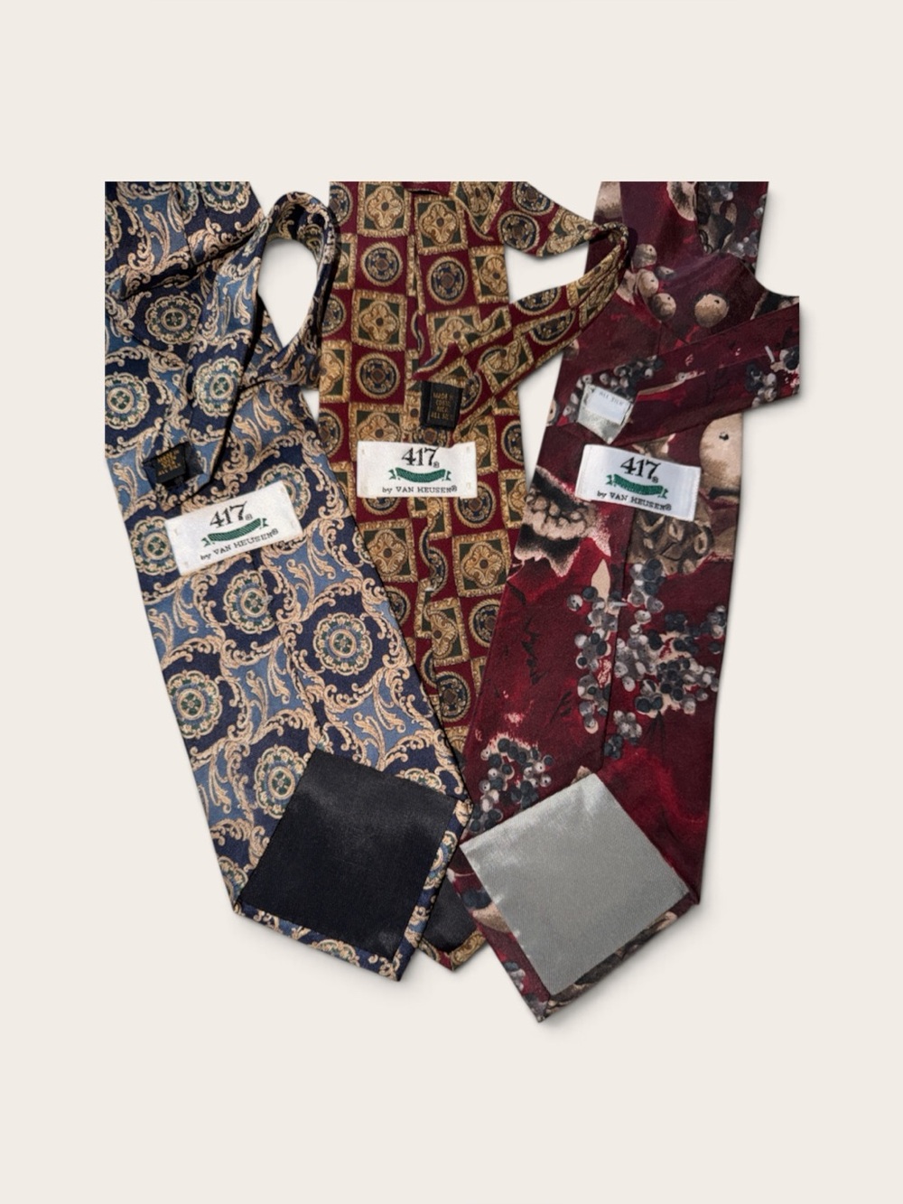 3 Retro 90s Van Heusen 417 Geometric Medallion Silk Ties – Dark Academia Elegant